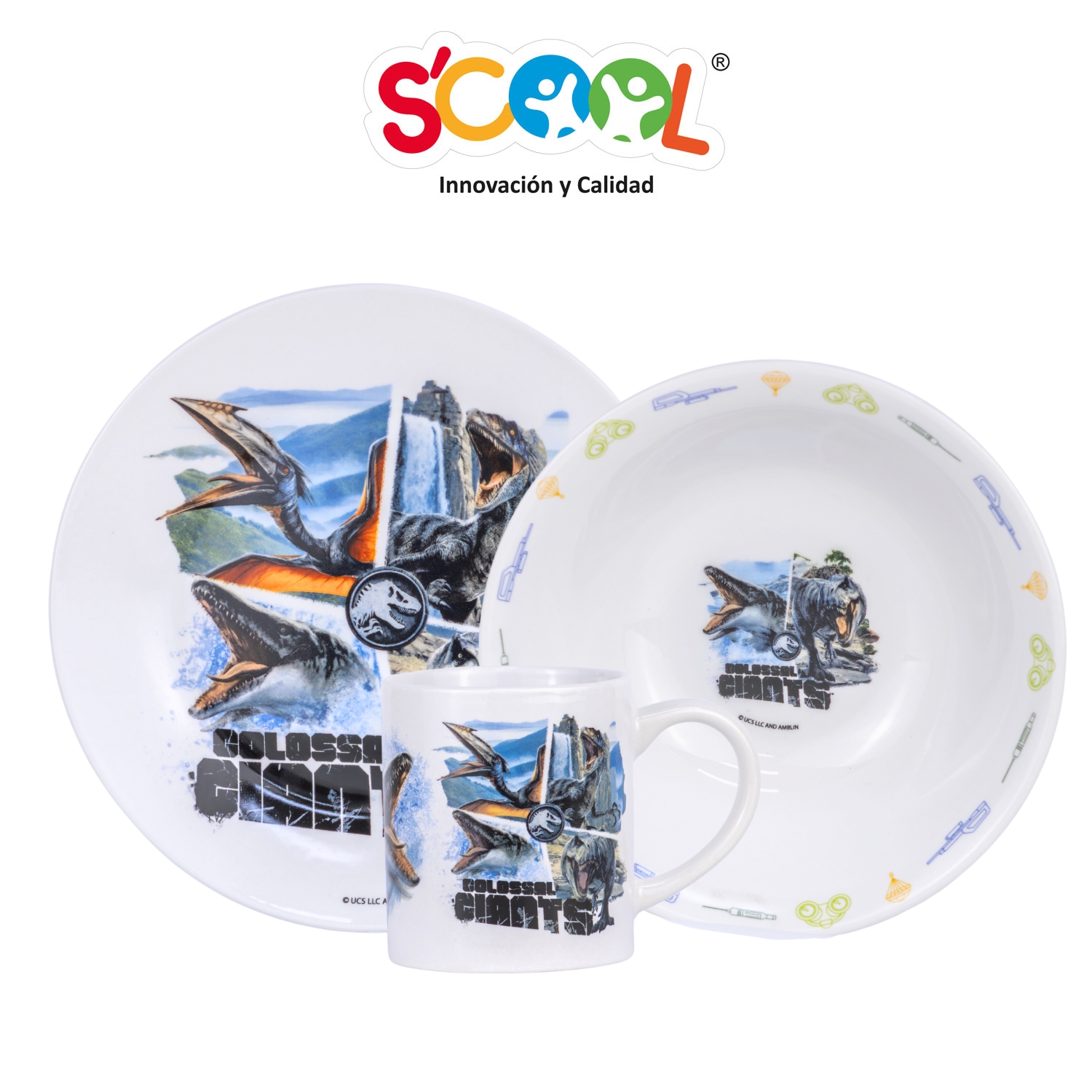 SCOOL SET DE VAJILLA DE CERÁMICA 3 PIEZAS CON TAZA JURASSIC